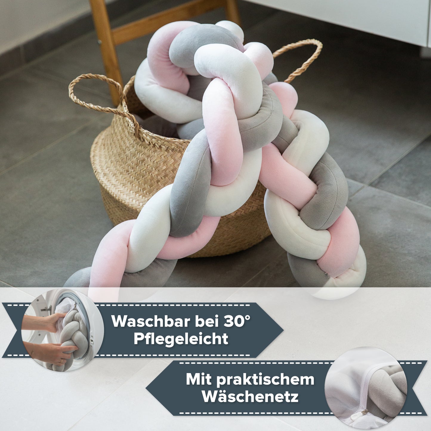 JAKOR® Yoki | Bettschlange geflochten | geprüfte OEKO TEX® Qualität | inkl. Wäschenetz & Tasche | perfekt zum Verschenken