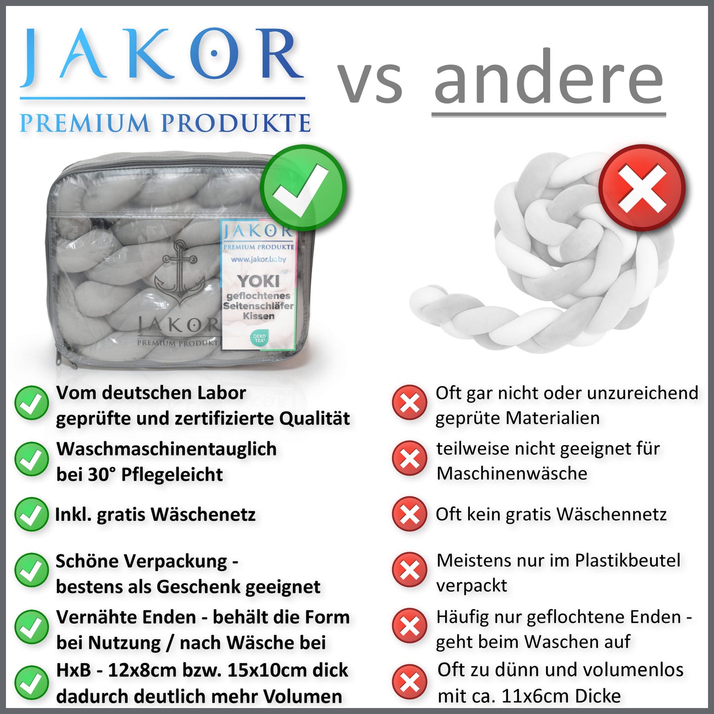 JAKOR® Yoki | Bettschlange geflochten | geprüfte OEKO TEX® Qualität | inkl. Wäschenetz & Tasche | perfekt zum Verschenken